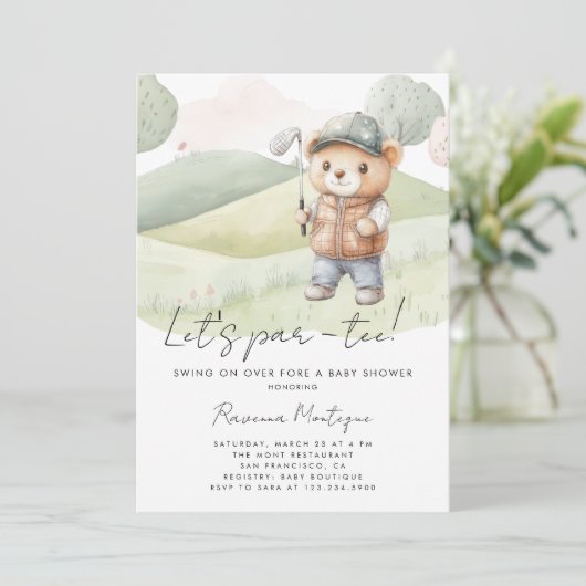 Simple Teddy Golf Lets Par-Tee Baby Shower 招待状 (スタンド正面)