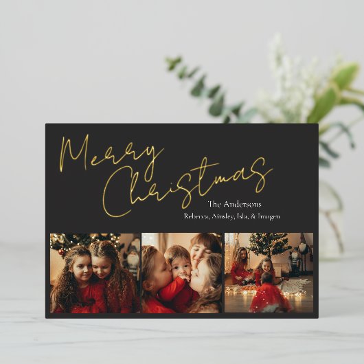 Simple Three Photo Christmas Card 箔シーズンカード (立ち正面)