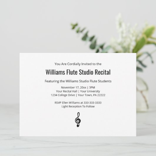 Simple Treble Clef Music Recital Black White 招待状 (スタンド正面)