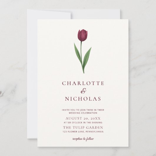 Simple Tulip Ivory Minimal Photo Wedding 招待状 (正面)