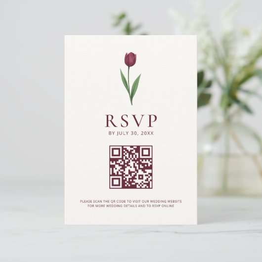 Simple Tulip Ivory Minimalist Wedding QR Code 出欠カード (スタンド正面)