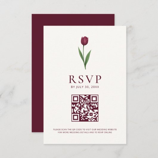 Simple Tulip Ivory Minimalist Wedding QR Code 出欠カード (正面/裏面)