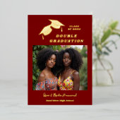 Simple Two Grads Double Graduation Photo Gold 箔招待状 (立ち正面)