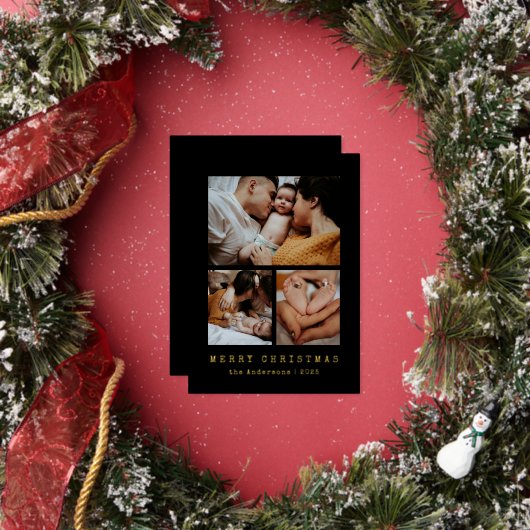 Simple Typewriter Family 3 Photo Collage Christmas 箔シーズンカード (インサイチュ)