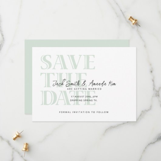 Simple Typography Green Flat Save The Date Card セーブザデート (正面/裏面インサイチュ)