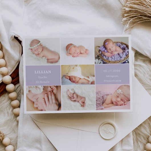 Simple Violet Baby Photo Collage Announcement Card 招待状