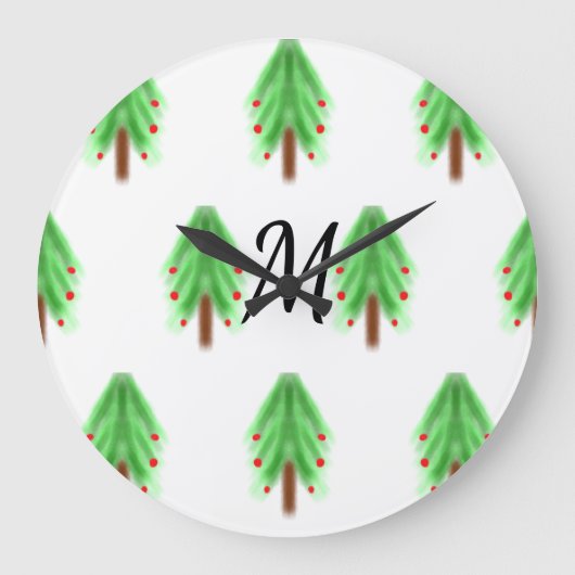 Simple watercolor Christmas pattern add monogram ラージ壁時計 (正面)