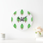 Simple watercolor Christmas pattern add monogram ラージ壁時計 (ホーム)
