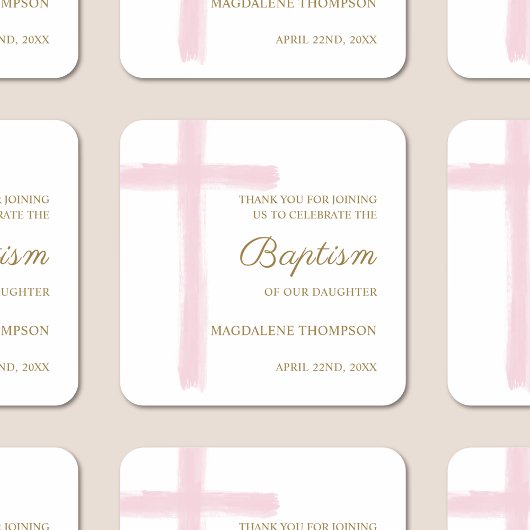 Simple Watercolor Pink Cross Baptism Thank You スクエアシール