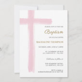 Simple Watercolor Pink Cross Girl Baptism 招待状 (正面)