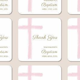 Simple Watercolor Pink Cross Thank You Baptism スクエアシール