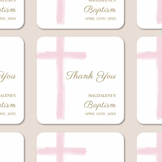 Simple Watercolor Pink Cross Thank You Baptism スクエアシール