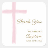 Simple Watercolor Pink Cross Thank You Baptism スクエアシール (正面)