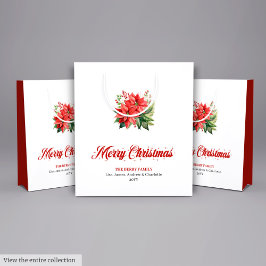 Simple Watercolor Red Poinsettia Holiday Gift Bag ミディアムペーパーバッグ