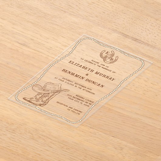 Simple Western Horseshoe Monogram Barn Wedding アクリル招待状 (レイダウン)