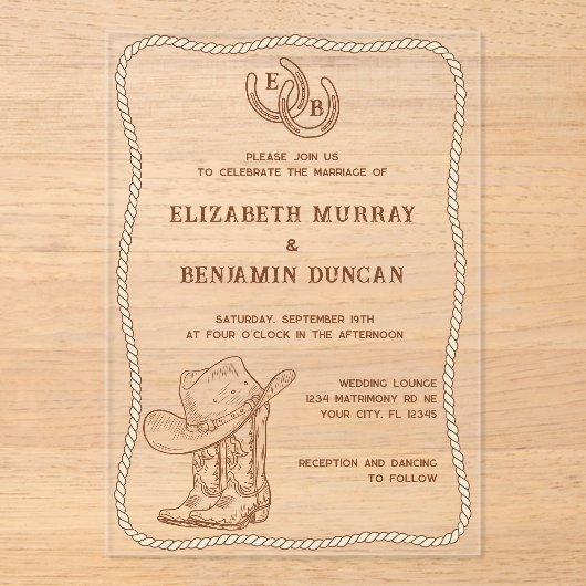 Simple Western Horseshoe Monogram Barn Wedding アクリル招待状 (正面)