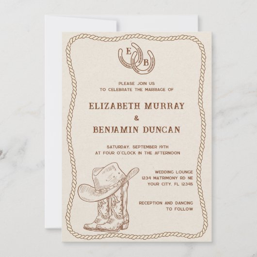 Simple Western Horseshoe Monogram Barn Wedding 招待状 (正面)