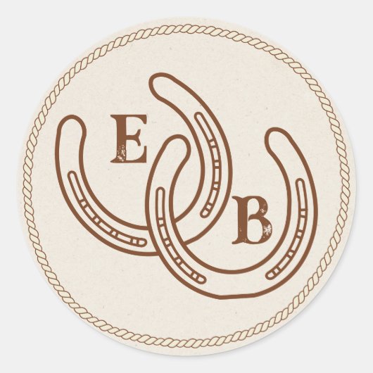 Simple Western Horseshoe Wedding Monogram ラウンドシール (正面)