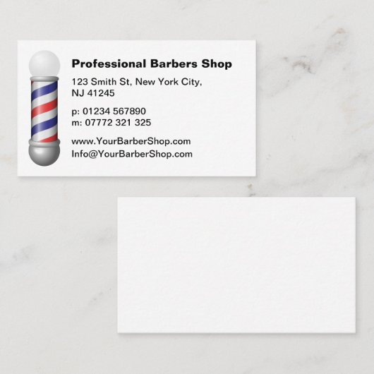 Simple White Barbers Pole Barbershop Business Card 名刺 (正面/裏面)