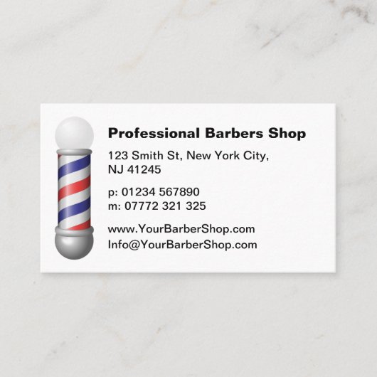 Simple White Barbers Pole Barbershop Business Card 名刺 (正面)