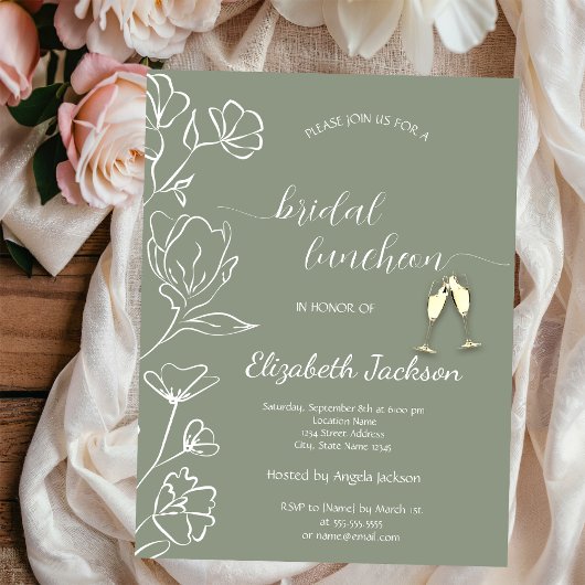 Simple White Flowers Champagne Sage Green Wedding 招待状