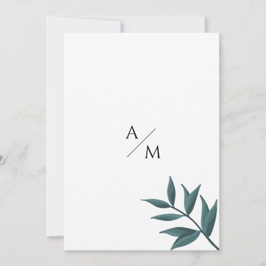 Simple white forest green foliage floral wedding  招待状 (裏面)