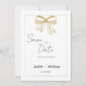 Simple white gold glitter bow ribbon Save the Date 招待状 (正面)