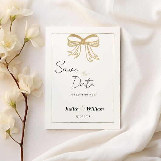 Simple white gold glitter bow ribbon Save the Date 招待状