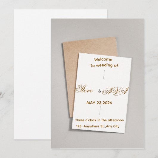 Simple White & Gold Wedding Invitation 招待状 (正面/裏面)