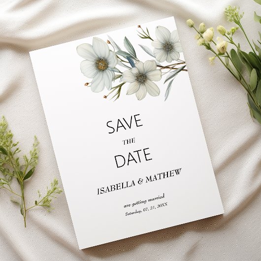 Simple white mint spring floral Save the Date 招待状