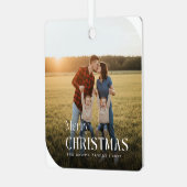 Simple White Script Christmas Family Name Photo メタルオーナメント (正面左)