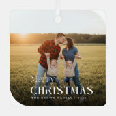 Simple White Script Christmas Family Name Photo メタルオーナメント (正面)