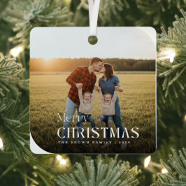 Simple White Script Christmas Family Name Photo メタルオーナメント