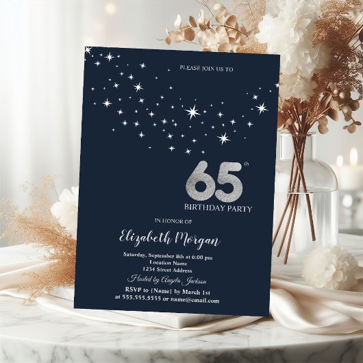 Simple White Stars Blue 65th Birthday Party 招待状
