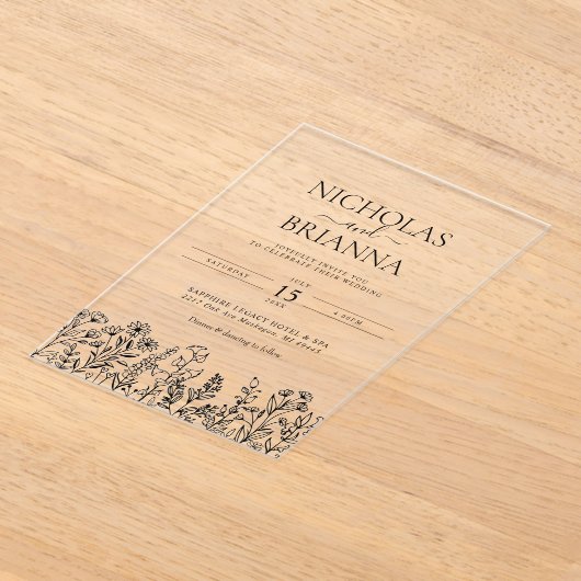 Simple Wildflower Boho Wedding Modern アクリル招待状 (レイダウン)