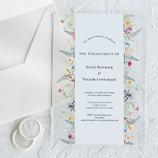 Simple Wildflower Fern Dusty Blue Engagement Party アクリル招待状