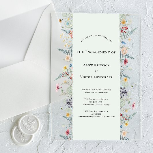 Simple Wildflower Fern Mint Green Engagement Party アクリル招待状