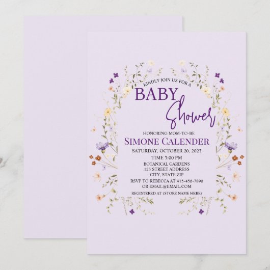 Simple Wildflower Floral Baby Shower Invitation 招待状 (正面/裏面)