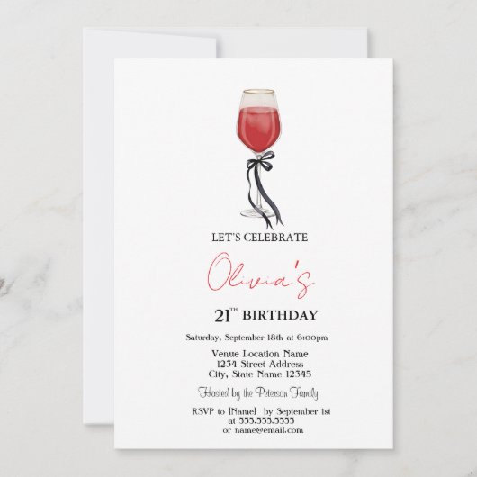 Simple Wine Glass Black Bow 21th Birthday 招待状 (正面)