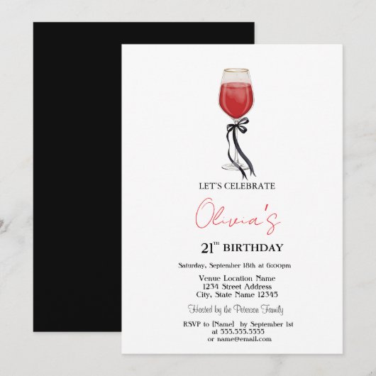 Simple Wine Glass Black Bow 21th Birthday 招待状 (正面/裏面)