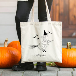 Simple Witch And Name With Bats Line Art Halloween トートバッグ