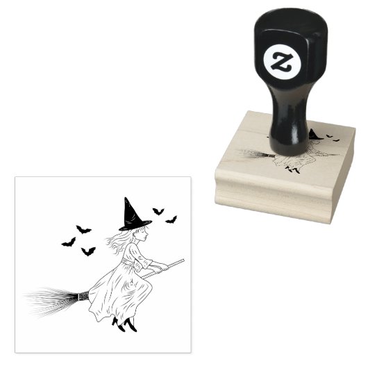 Simple Witch Girl With Bats On A Broom Halloween ラバースタンプ (押印)