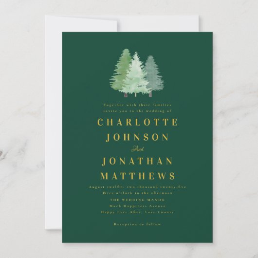 Simple Woodland Forest Gold Green Wedding QR Code 招待状 (正面)