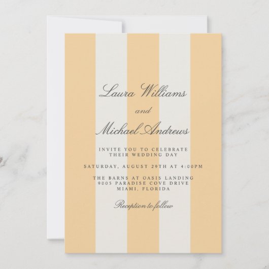 Simple Yellow and White Cabana Stripes Wedding 招待状 (正面)