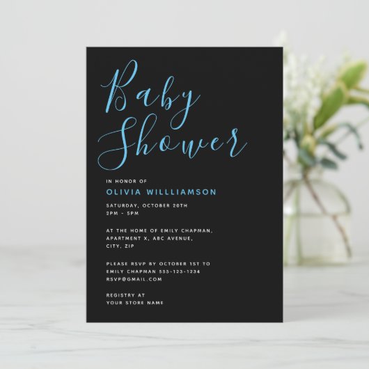 Simplistic モダン Black & Blue Baby Shower 招待状 (スタンド正面)