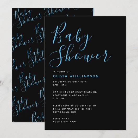 Simplistic モダン Black & Blue Baby Shower 招待状 (正面/裏面)