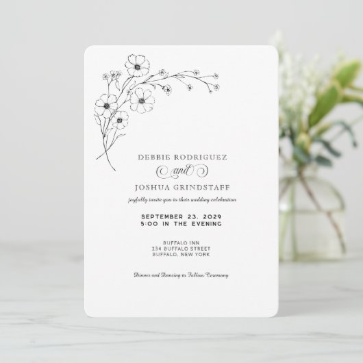 Simplistic Black White Floral Wedding Invitation  招待状 (スタンド正面)