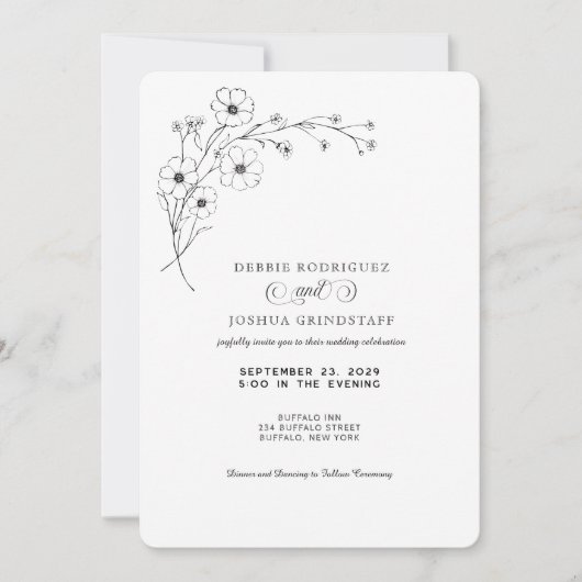 Simplistic Black White Floral Wedding Invitation  招待状 (正面)