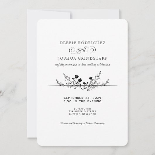 Simplistic Black White Floral Wedding Invitation  招待状 (正面)