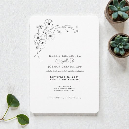 Simplistic Black White Floral Wedding Invitation  招待状